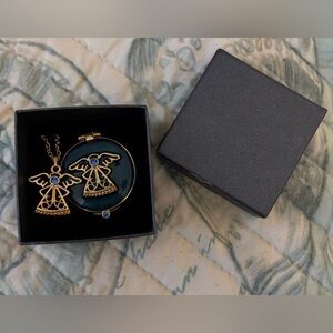 Gold Angel Pendant Necklace with Blue Sapphire Accents and Trinket Box NEW